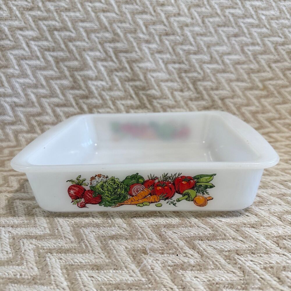 Vintage 1960’s Glasbake Milk Glass Vegetable Harvest 8” Square Oven Dish